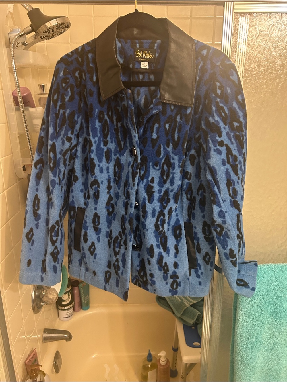 Bob Mackie Blue and Black Leopard Print Jacket with Black Leather Collar